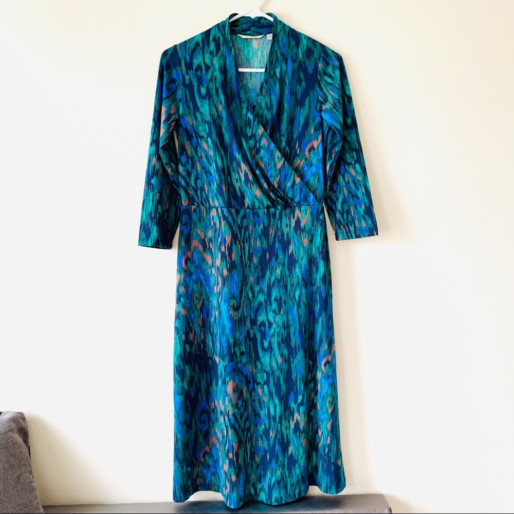 Liz Claiborne cross front midi dress green pattern